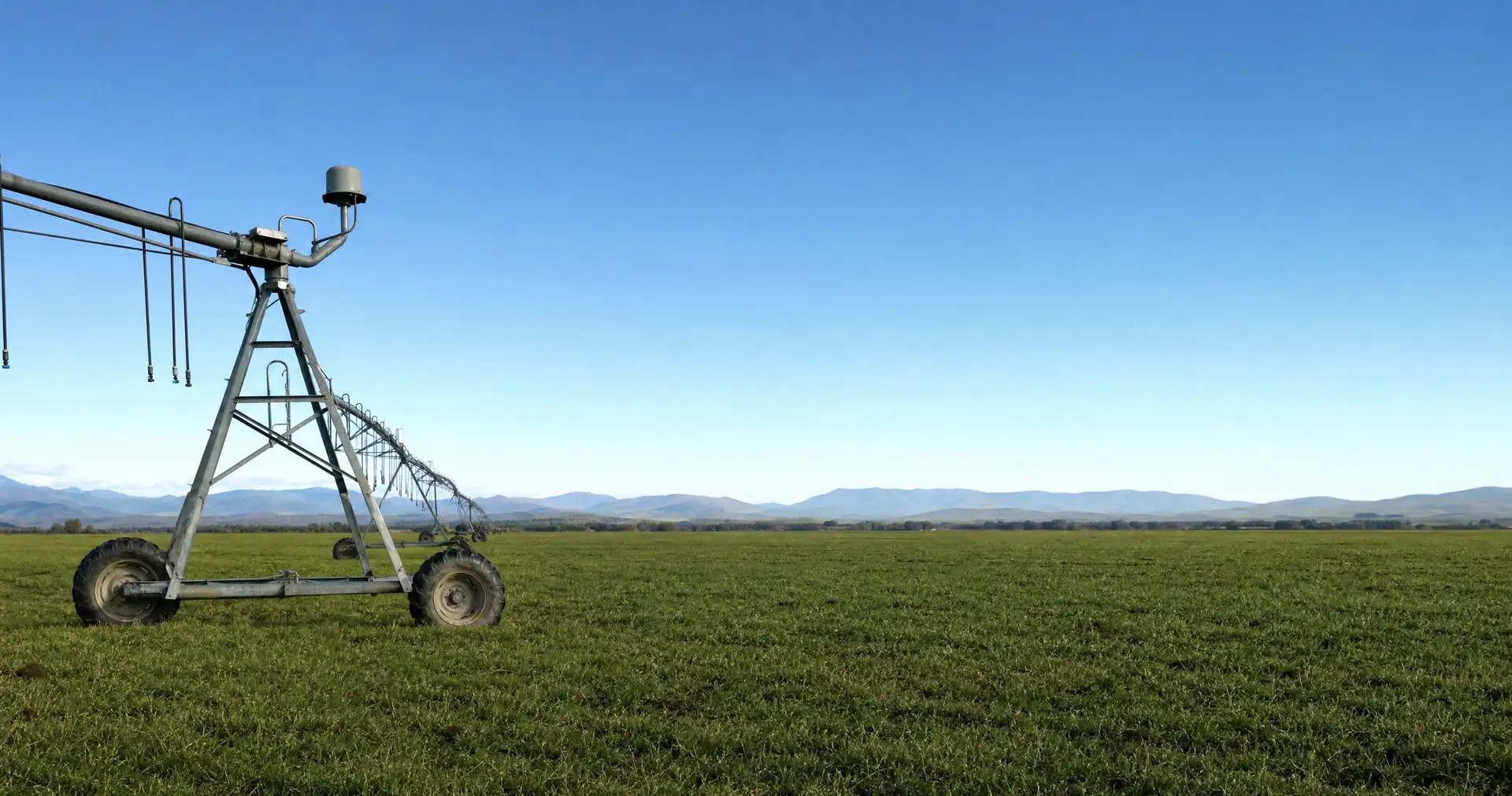 The end tower of a centre-pivot irrigator standing on a flat green paddock