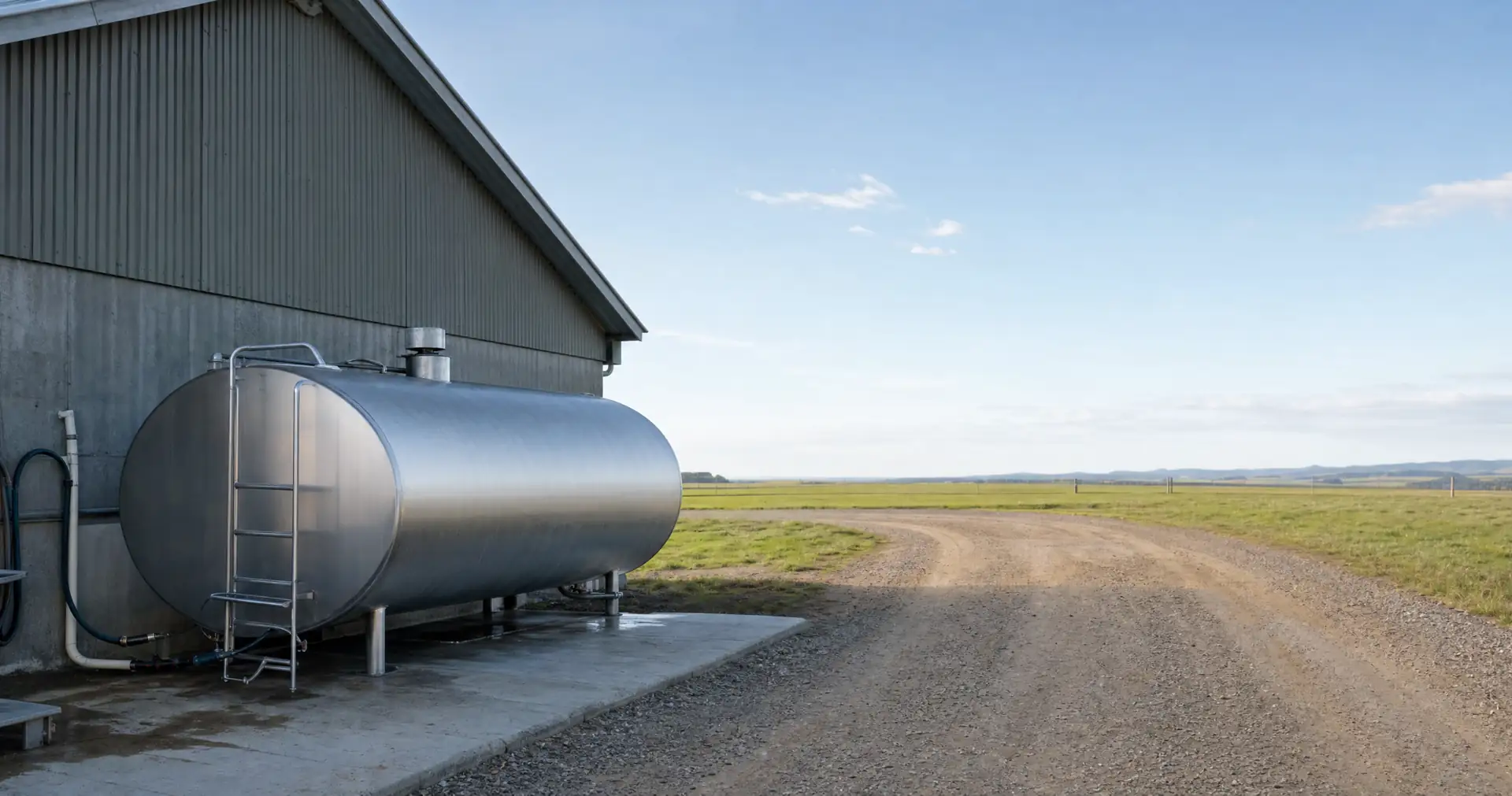 A stainless steel milk vat on a concrete pad beside the gable end of a dairy shed