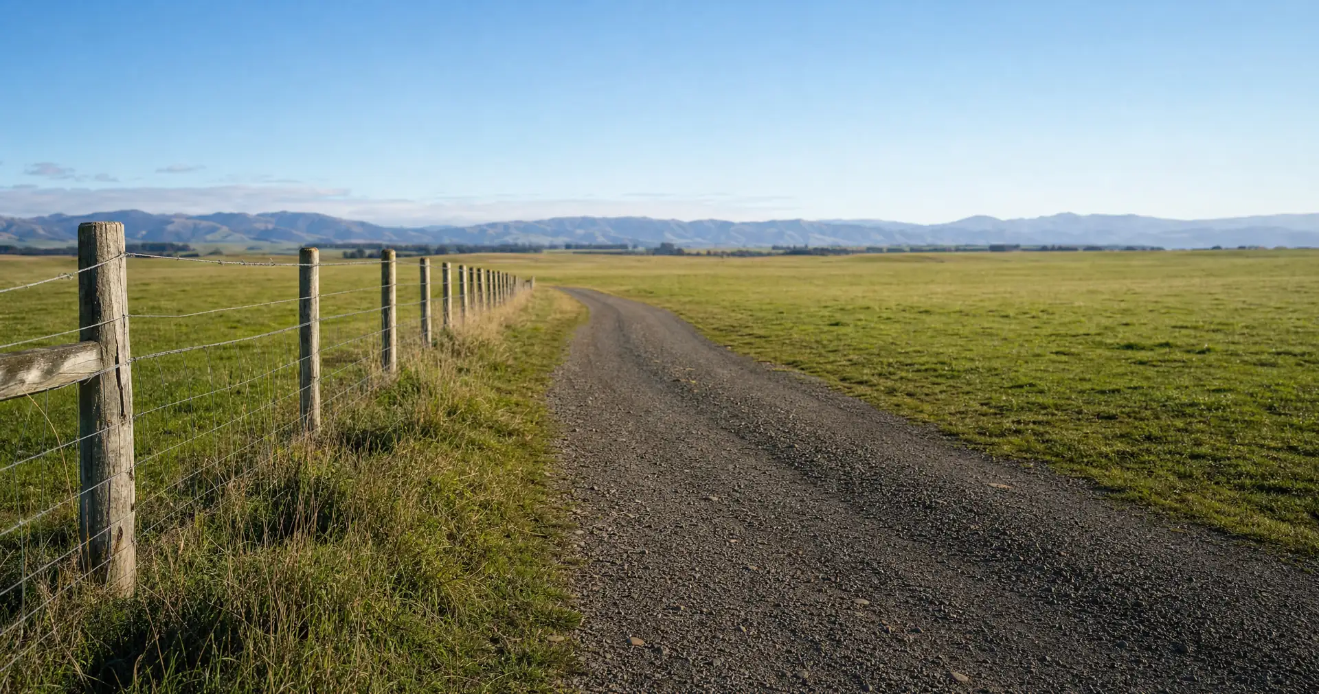 Timber fence posts and wire following the edge of a metalled farm race across grazed pasture