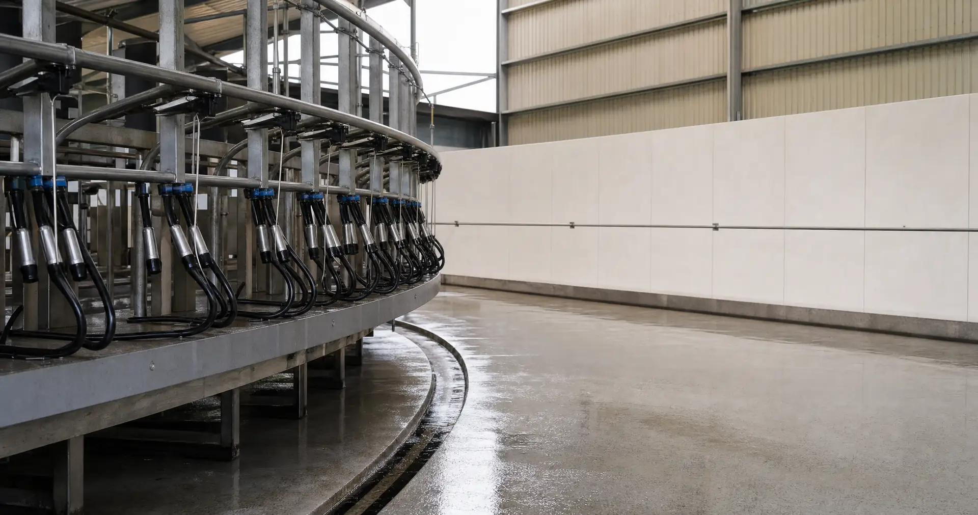The empty rotary platform of a milking shed with the cup clusters hung up on their rails